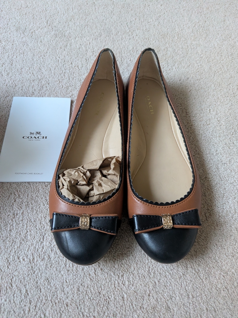 COACH Two-Tone Brown and Black Leather Bow Cap-Toe Flats